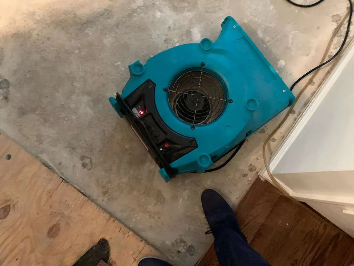 Air mover drying subfloor during Leak Detection & Repair in Pittstown